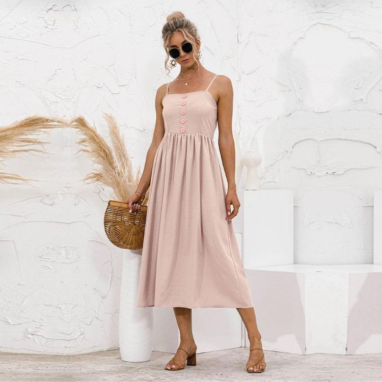 Женское летнее длинное платье однотонного цвета А-силуэта на тонких бретельках без рукавов с высокой талией и пуговицами, повседневное, милое, S-XL