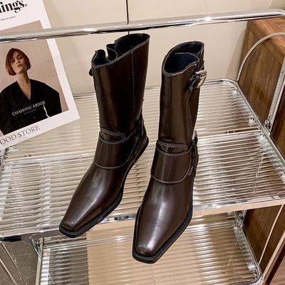 Весна/осень Современные сапоги до середины икры на квадратном каблуке с молнией 2024 года Лидер продаж Женская обувь с острым носком на низком каблуке с пряжкой на ремне Женские сапоги