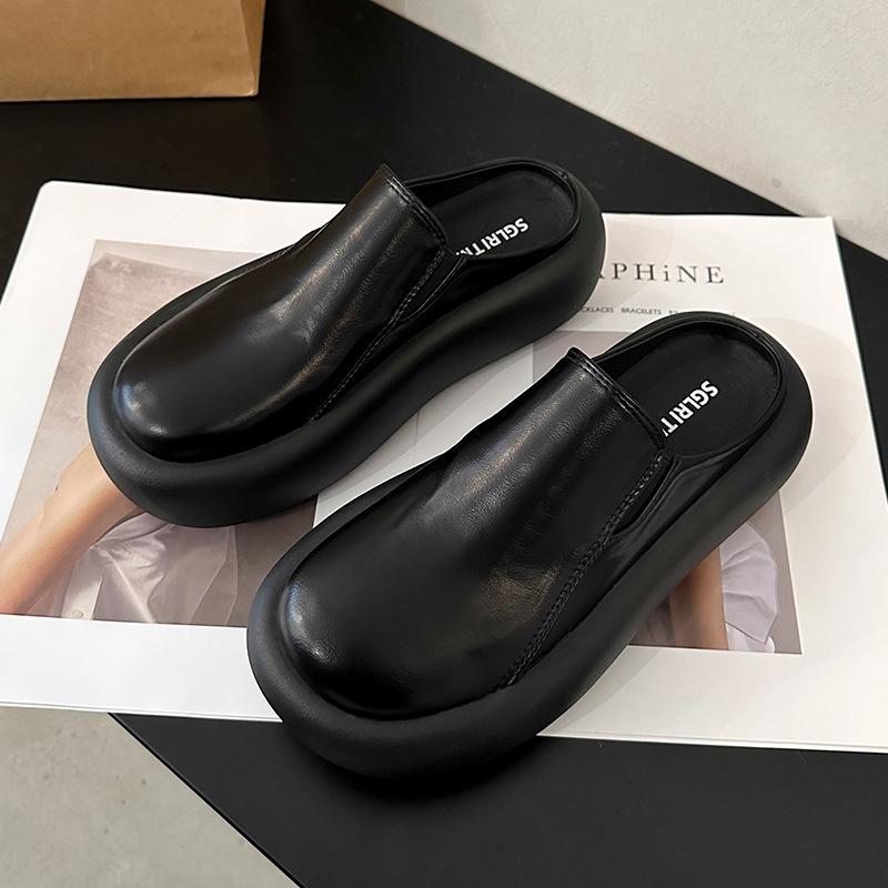 Весна и лето Новые ретро-мюли-тапочки с толстой подошвой Повседневные женские туфли без застежек Твердые полутапочки Baotou Женские наружные