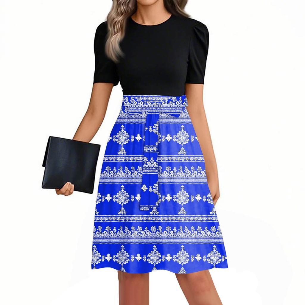 Women's Fashionable Casual Belt Short Sleeved Round Neck Printed Patchwork Dress