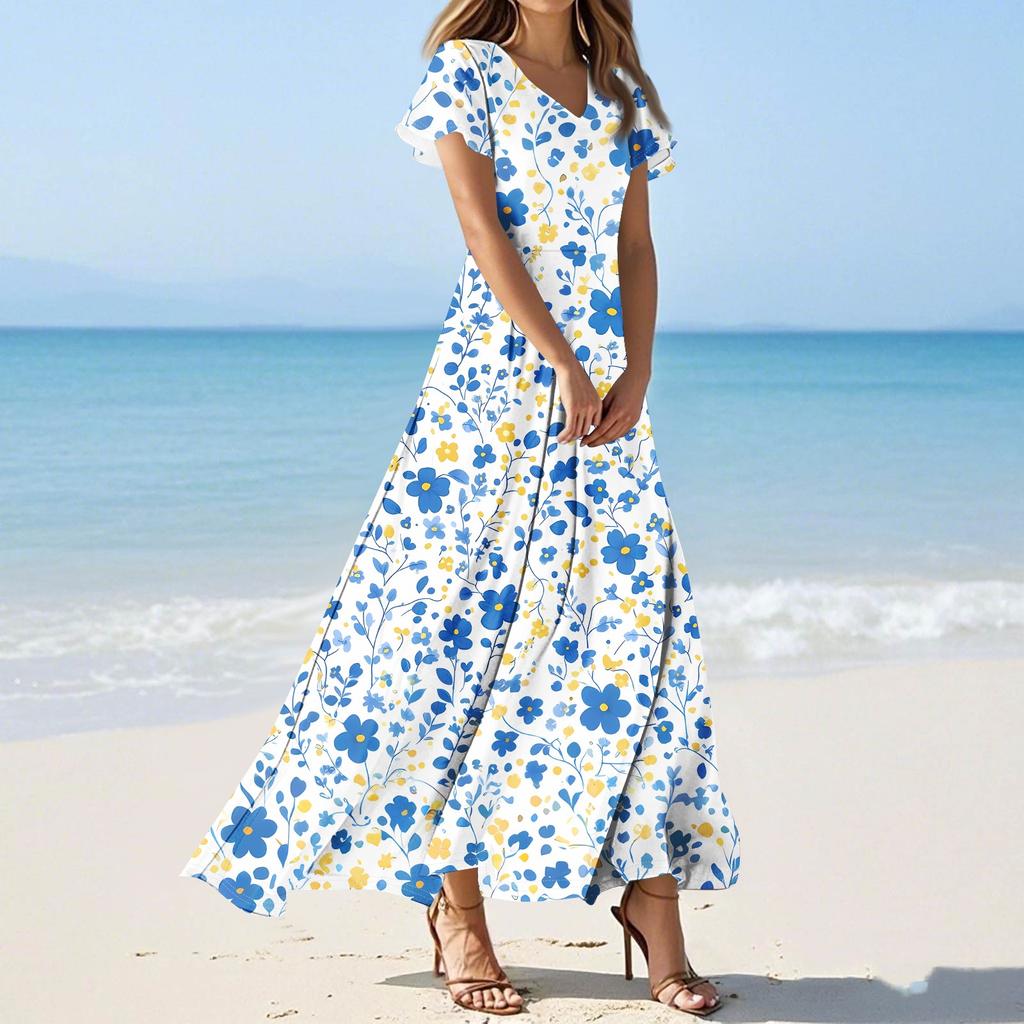 Женские повседневные модные длинные платья с принтом, платья с V-образным вырезом и коротким рукавом