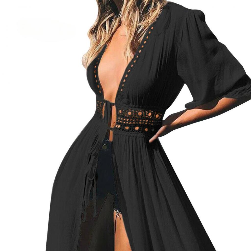 Women Solid Color Hollow Smock Long Bikini Cover Up Lacing Cardigan Beachwear EMA
