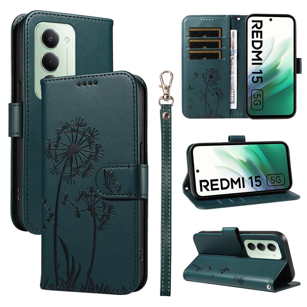 Для Xiaomi Redmi 15 4G (США) (171 мм) Кожаный чехол-кошелек с ремешком, тиснение «Одуванчик», подставка для телефона