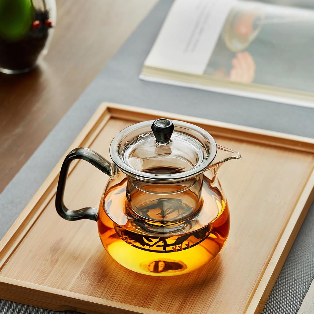 Pokaro Tea Heat-Resistant Glass Teapot, 570ml, with Strainer and Lid, Green Handle and Knob, Stylish Glass Teapot for Black Tea and Herbal Tea,