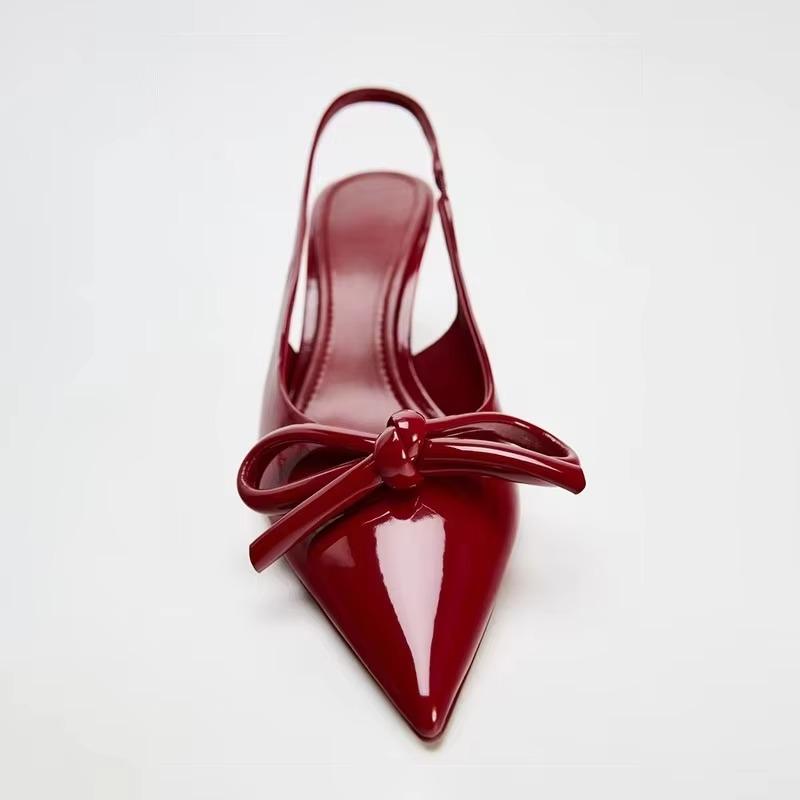 Красные банты Slingbacks High Heels для женщин Сексуальные остроносые лакированные туфли на высоком каблуке Осенние элегантные женские туфли на каблуке