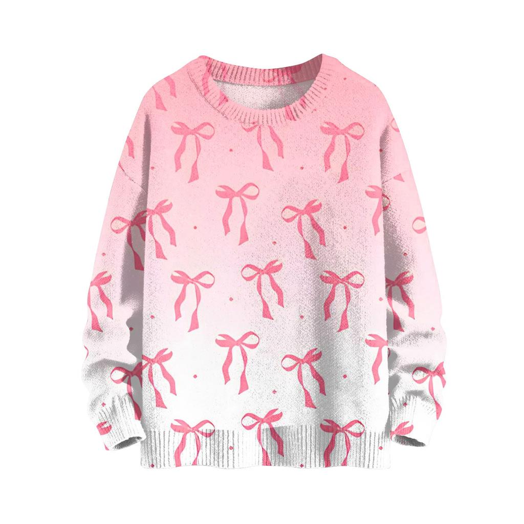Женская мода повседневный длинный рукав бант принт милый ворот шерстяной трикотажный пуловер топ