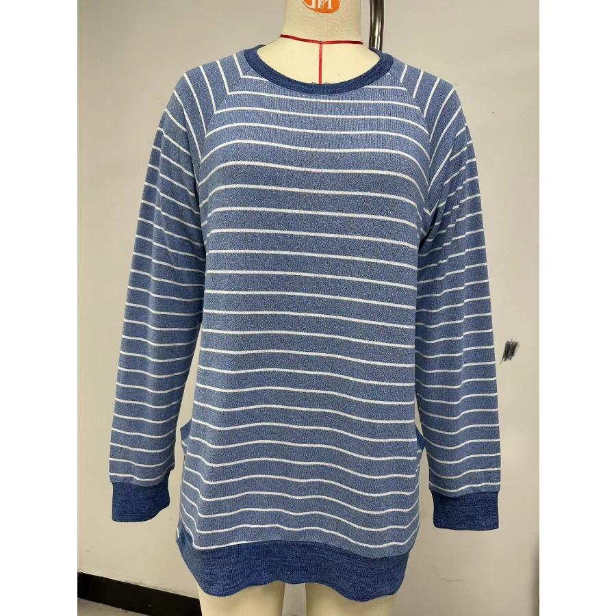 Женские осенне-зимние свитера в полоску контрастного цвета с круглым вырезом и длинным рукавом, с карманом, толстовка с капюшоном, футболка для женщин