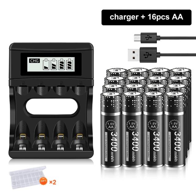 PALO Литий-ионная аккумуляторная батарея AA 1,5 В, 3400 мВтч, полимерная литий-ионная аккумуляторная батарея AA с 4 слотами, 1,5 В, зарядное устройство для батарей