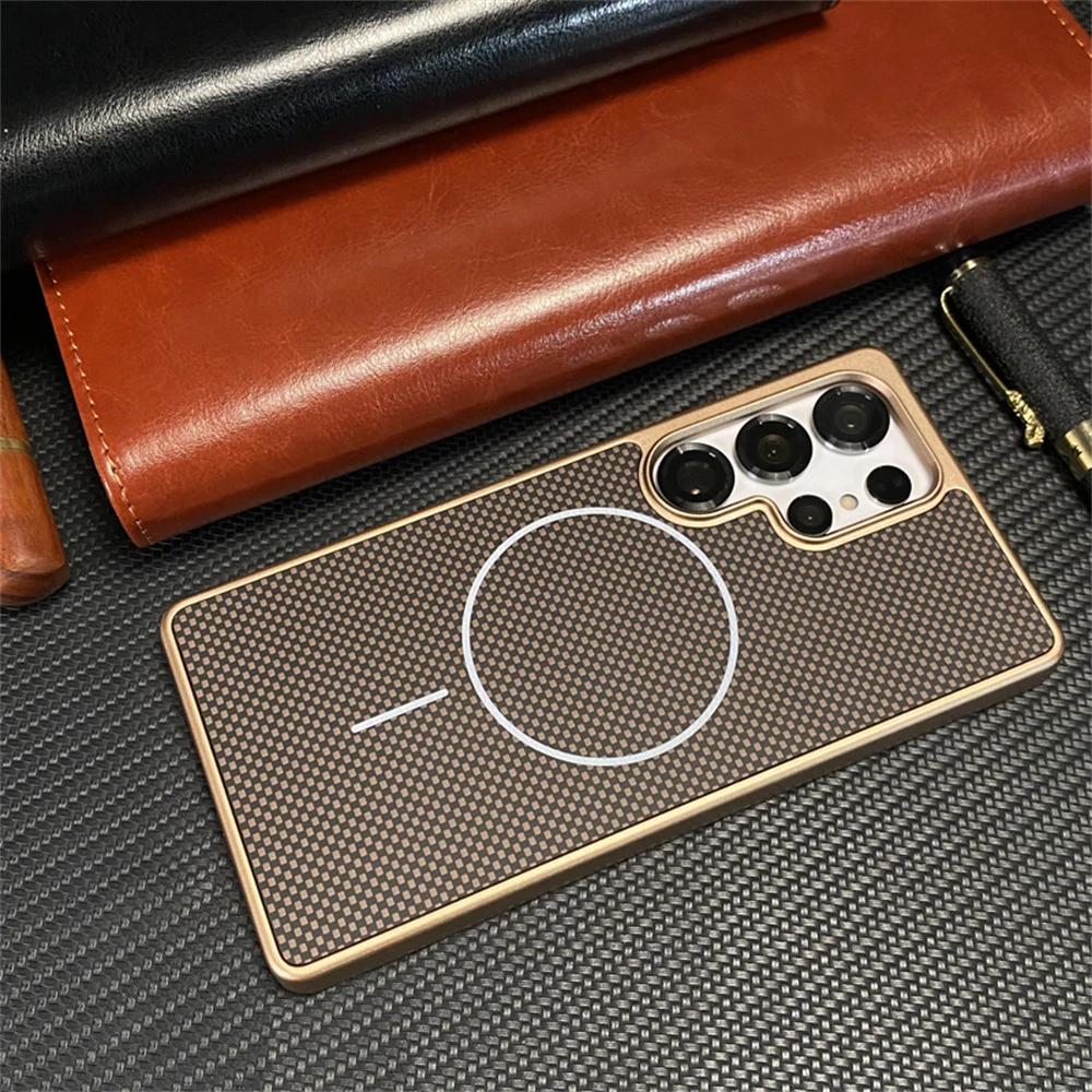 Роскошный Бизнес Магнитный Чехол с Узором под Углеволокно Для Samsung S26 S25 Ultra S24/23 Plus Ударопрочный Мягкий Чехол с Поддержкой Беспроводной Зарядки