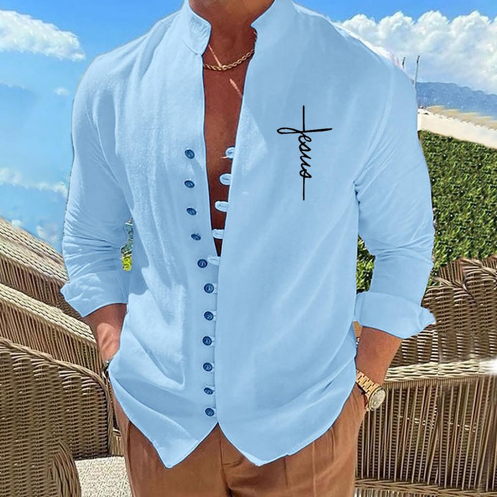 Cotton Blouse Beach Style Top Man Long Sleeved Stand Up Collar Letters Printed Retro Slim Fit Men's Casual Shirts