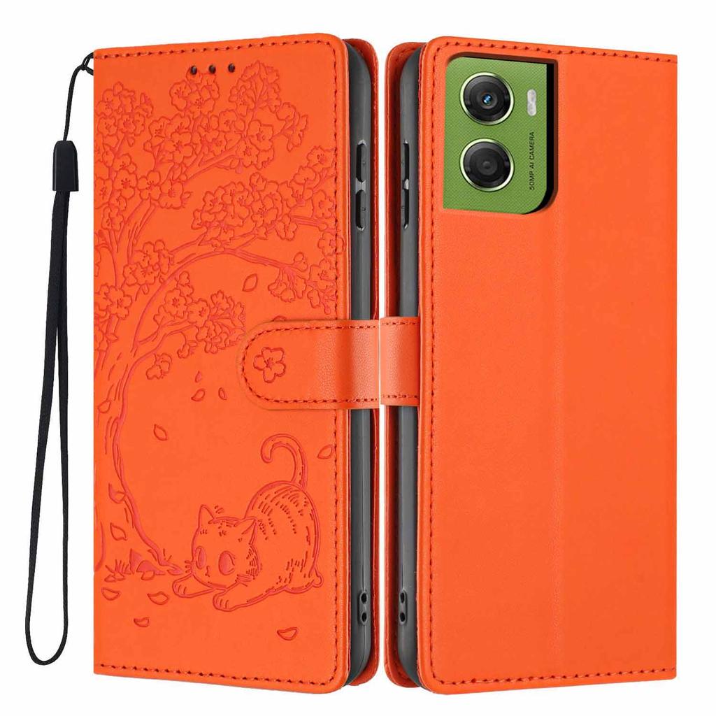 For Motorola Moto G06 4G/G06 Power 4G Stand Case Tree-and-Cat Pattern PU Leather Wallet Protective Phone Cover with Wrist Strap