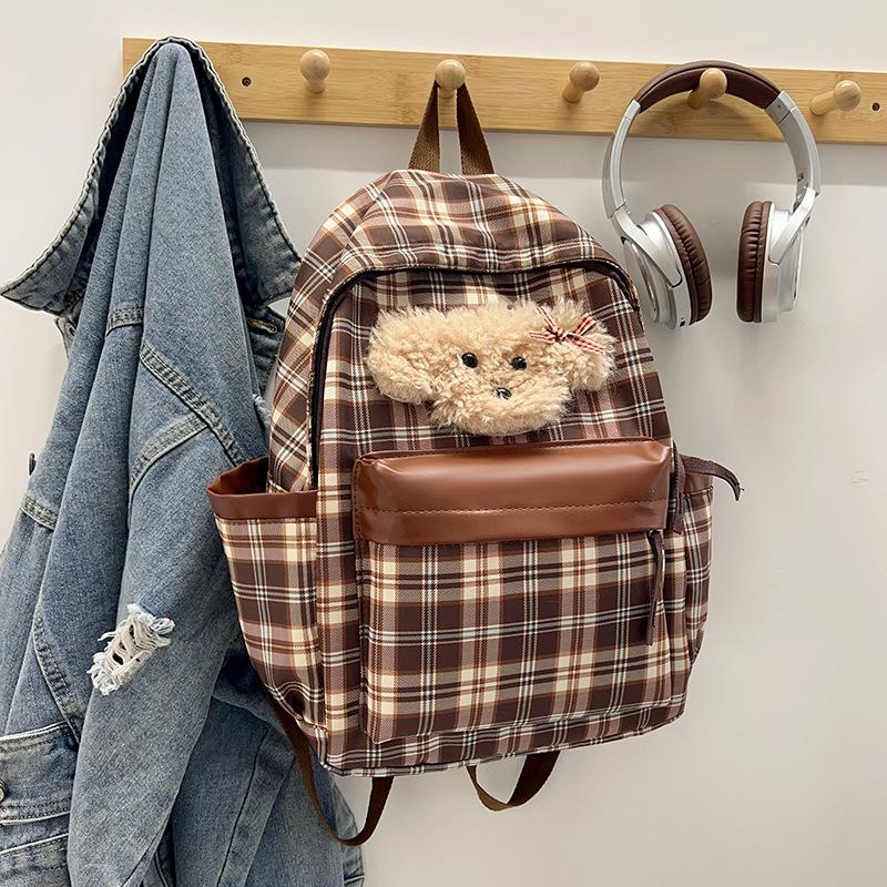 Vintage College Style Plaid Puppy Schoolbag 2025 Versatile Girls High-value College Students Class Backpack Backpack