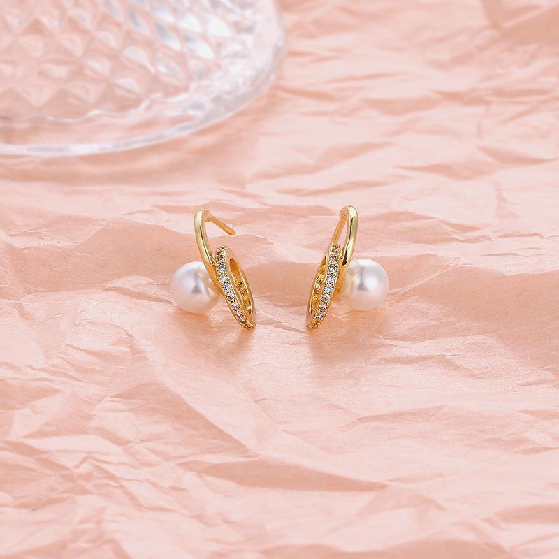 Designer Geometric Double Circle Zircon Stud Earrings Small Fragrant Celebrity Elegant Atmospheric Pearl Earrings