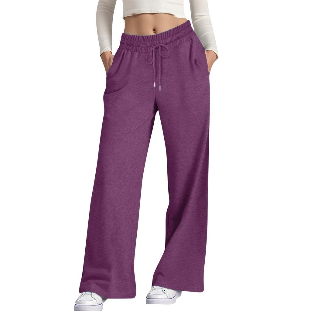 Women's Casual Fashion Solid Color Elastic Waist Drawstring Pockets Wide Leg Straight Pants