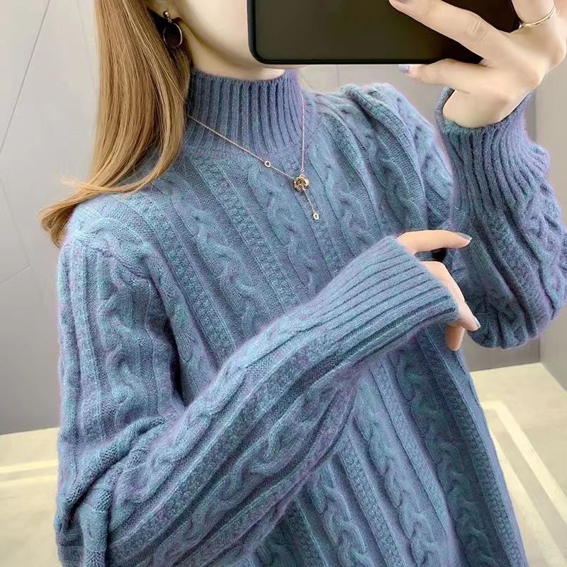 Осенне-зимний стиль, длинный рукав, полувысокий ворот, свитер, женский корейский вариант, однотонный свитер с кручеными жареными нитями из теста, топ