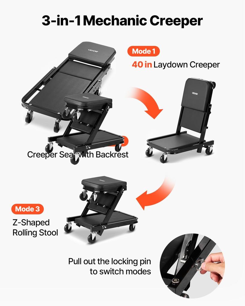 1015mm 3-in-1 Folding Mechanic Creeper, Heavy Duty Z-Creeper Garage Roller, 218 kg Under Car Rolling Creeper with 6 Swivel Casters, Padded Seat for