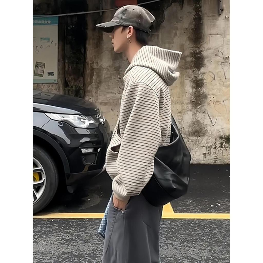 Унисекс ретро-худи на молнии в полоску, кардиган для весны/осени - Повседневное, свободный крой