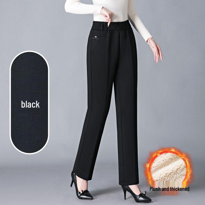 Женские зимние брюки из овечьей шерсти с флисовой подкладкой высокой посадки - Утепленные, Хлопковые, Осень 2025