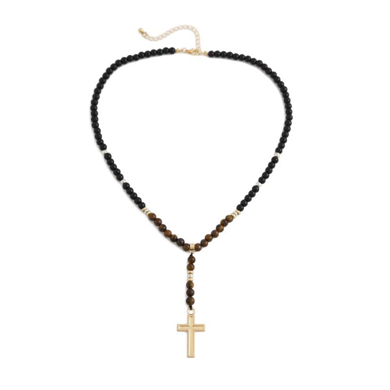 Винтажное ожерелье из бисера с натуральными тигровыми камнями для мужчин, подвеска в виде креста в стиле хип-хоп, длинные цепочки с бусинами, ожерелье, мужское ожерелье, ювелирные изделия