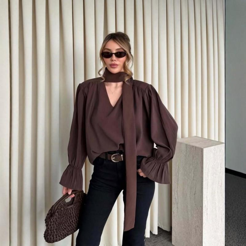 2026 Womens Long Sleeve Blouse With Ruched Detail Tie-Neck Puff Slimming Fit Elegant Casual Shirt