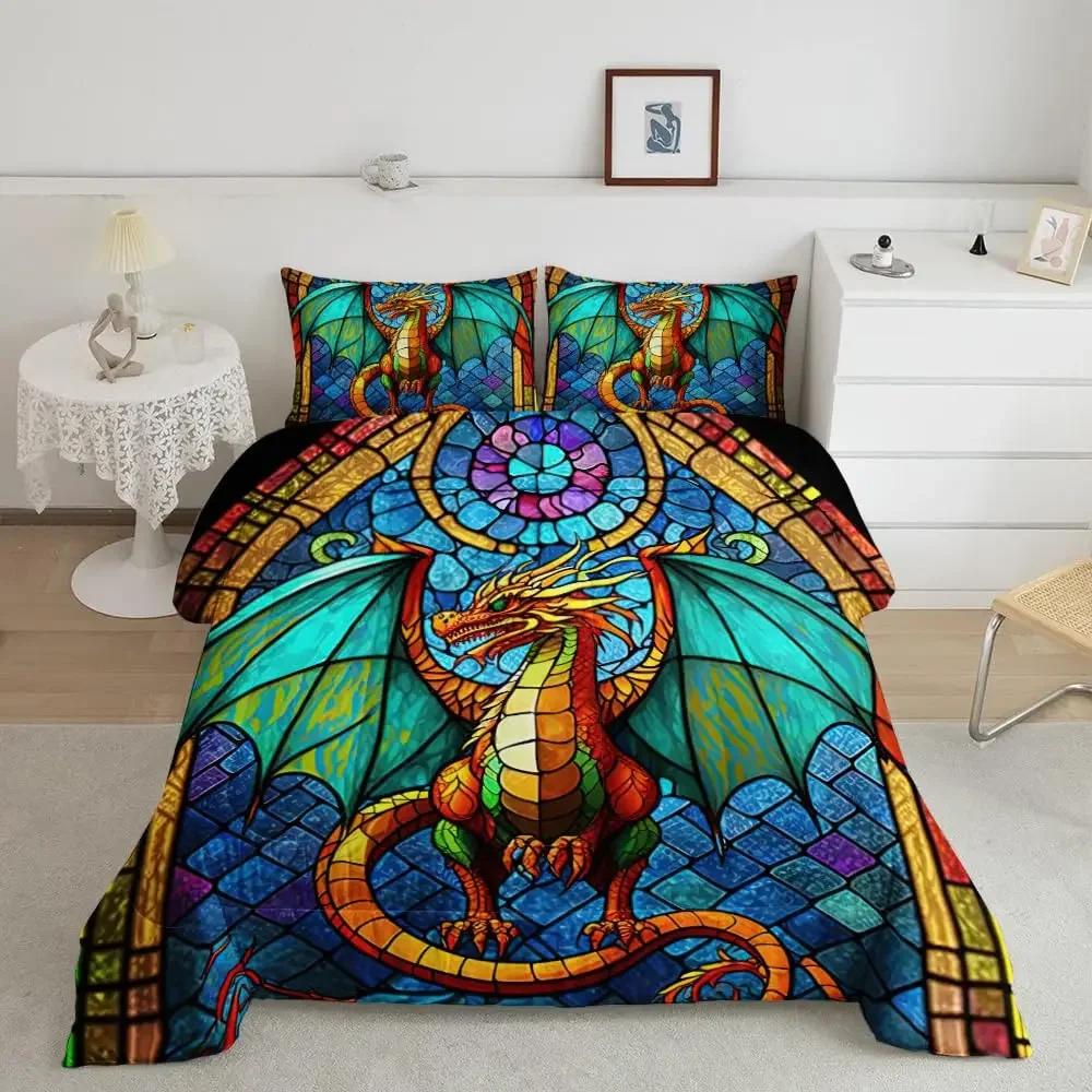 Magic Flying Dragon Duvet Cover Set Bright Colorful Fly Dragon Wildlife Kids Comforter Cover Outer Space Galaxy Men Bedding Set