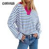 Women's Autumn and Winter Loose Casual POLO Collar Striped Long Sleeve Sweatshirt