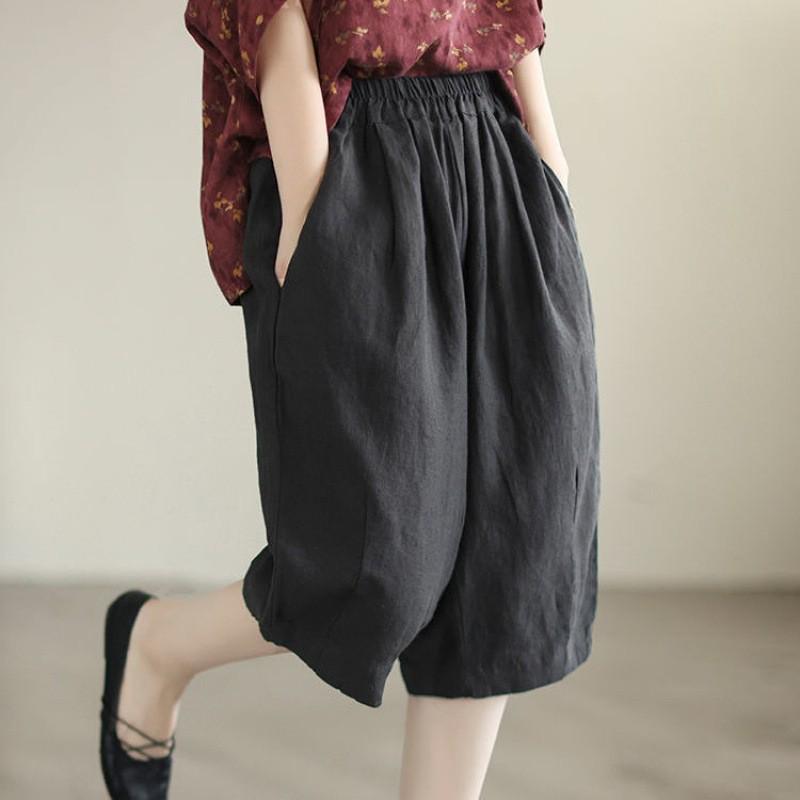 В наличии: Женские летние ретро хлопково-льняные брюки - Эластичная талия, Дизайн пять точек, Большой размер, Повседневный стиль