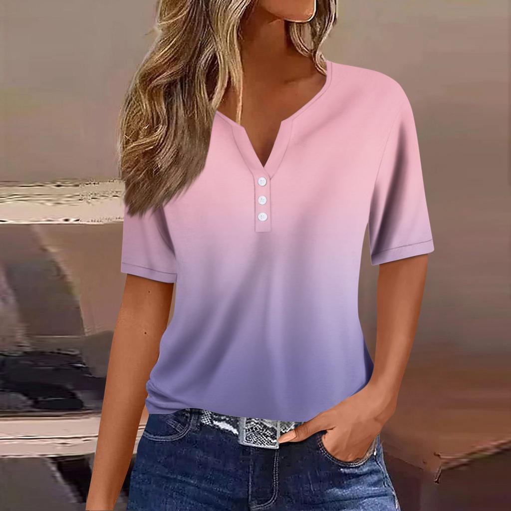 Women's Fashion Casual Vintage Gradient V-Neck Short Sleeve Decorative Button T-Shirt Top