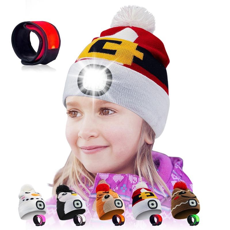Kids LED Hat USB Rechargeable Headlamp Hat with LED Bracelet Winter Warm Knitted Night Light Hat Suitable for Camping Running Walking