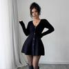 Однотонное вязаное мини-платье с V-образным вырезом, пуговицами и длинным рукавом, повседневное