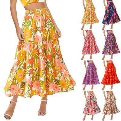 Женская юбка миди с цветочным принтом, повседневная, эластичная, с высокой талией, плиссированная, струящаяся, макси-юбка с карманами