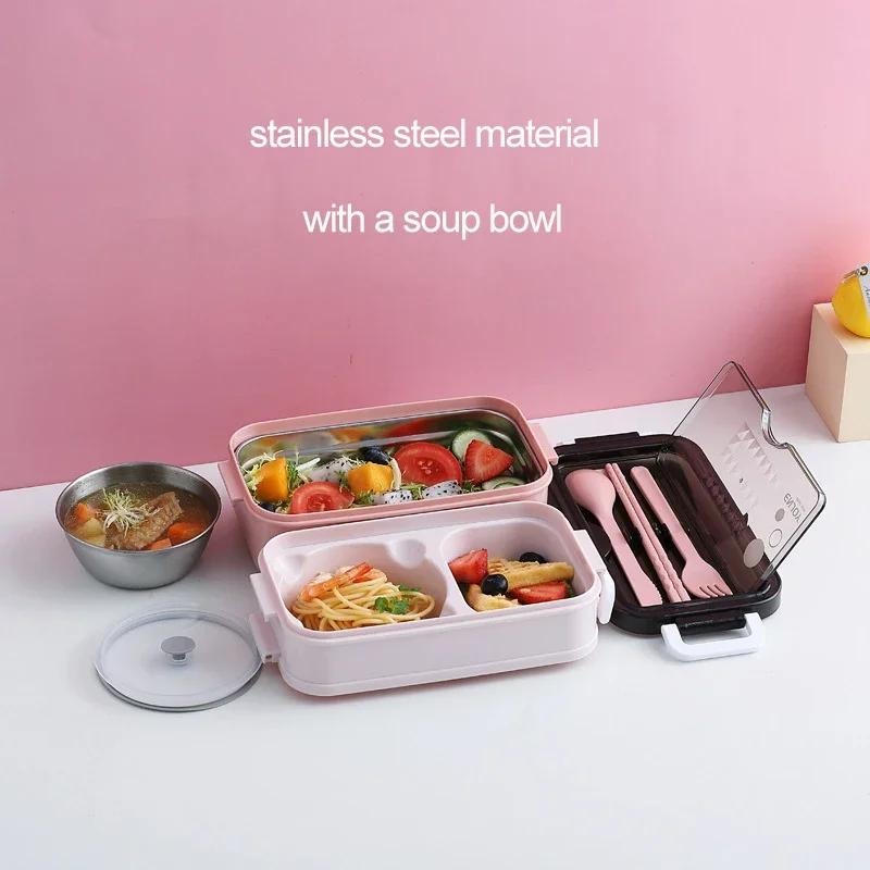 Двухслойный ланч-бокс, посуда для микроволновой печи, вместительная изолированная коробка для бенто, герметичные контейнеры для ланча для студентов, хранение продуктов питания