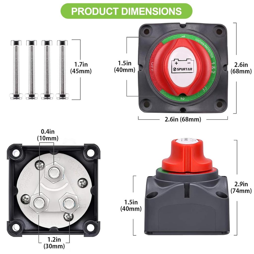 Spurtar Car Battery Disconnect Switch 12V 24V 48V 1-2-Both-Off Battery Kill Switch Power Cut Off Shut Off Waterproof Isolator For Marine Boat Car ATV