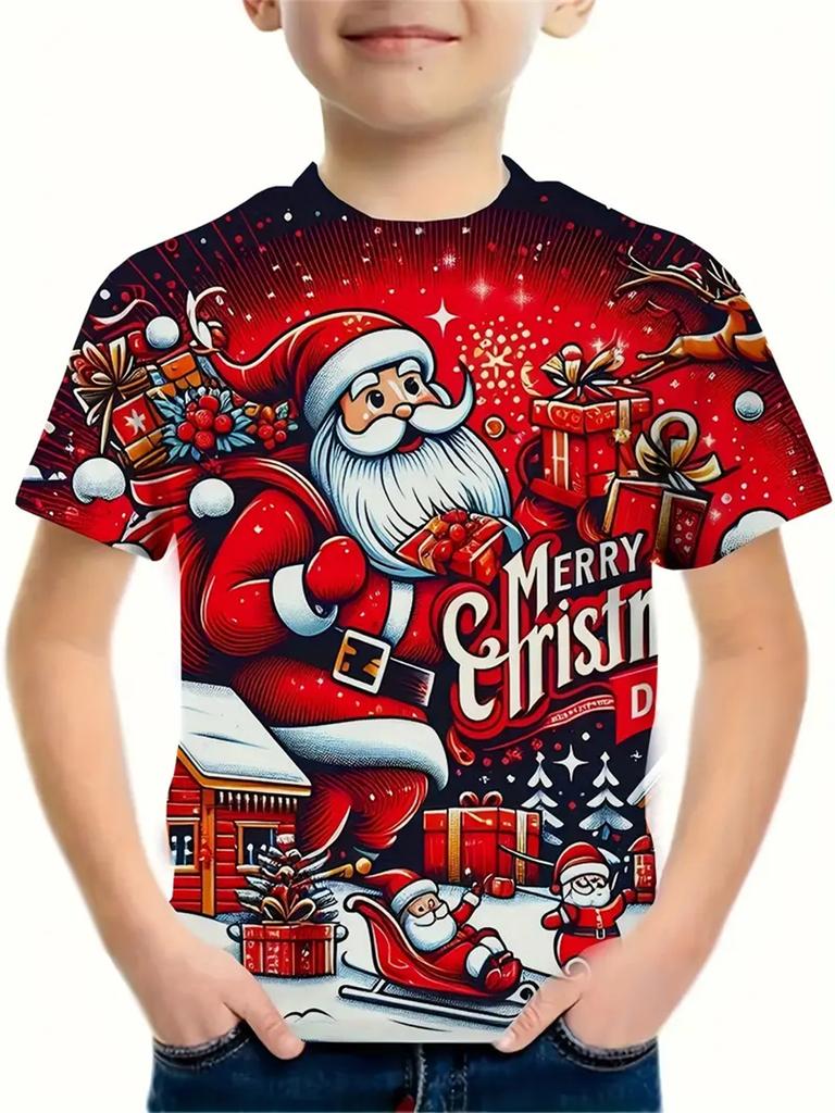 Рождественская одежда 2025 года Футболки для мальчиков и девочек Новогодние футболки Повседневная детская одежда с принтом Санта-Клауса Футболка