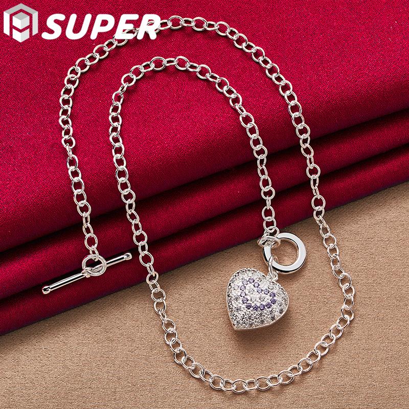 Ювелирные изделия из стерлингового серебра 925 пробы с 18-дюймовым фиолетовым цирконом ААА на цепочке в форме сердца