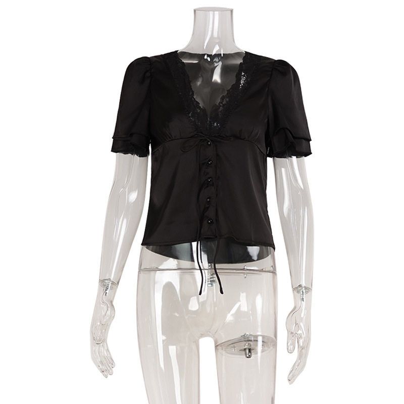 French-Style Lace-Up Lace Patchwork T-Shirt, Slim Fit, New Summer Style, Pure Desire Hot Girl Short Sexy Short-Sleeve Top