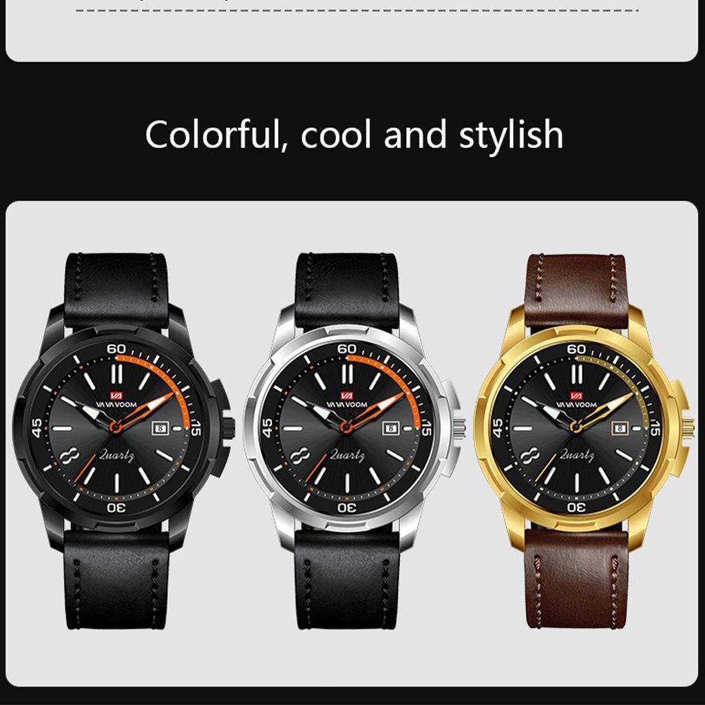 VA VA VOOM Мужские кварцевые часы Business Simple Calendar 30m Водонепроницаемые светящиеся кварцевые часы с кожаным ремешком, модные наручные часы