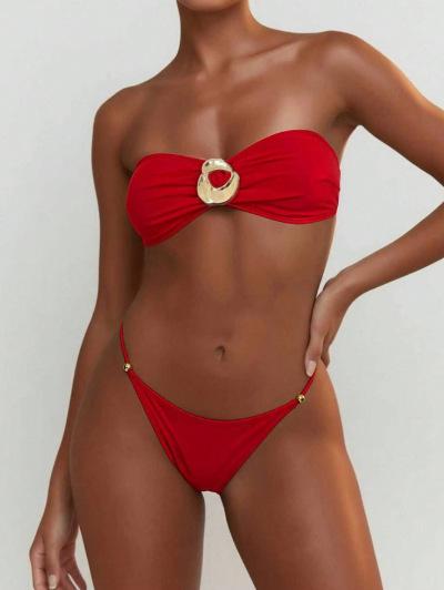 1011 European and American women's solid color metal accessories tube top removable shoulder strap elegant backless bikini swimsuit