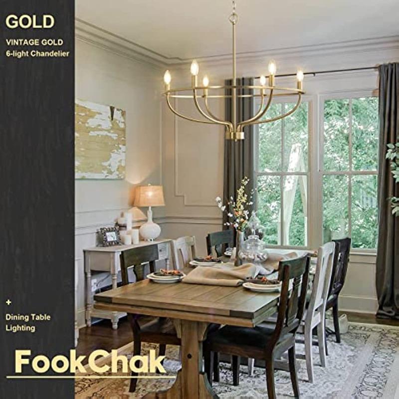 Elegant 6-Light Candle Chandelier In Gold - Ideal for Dining Room Living Room Bedroom and Kitchen