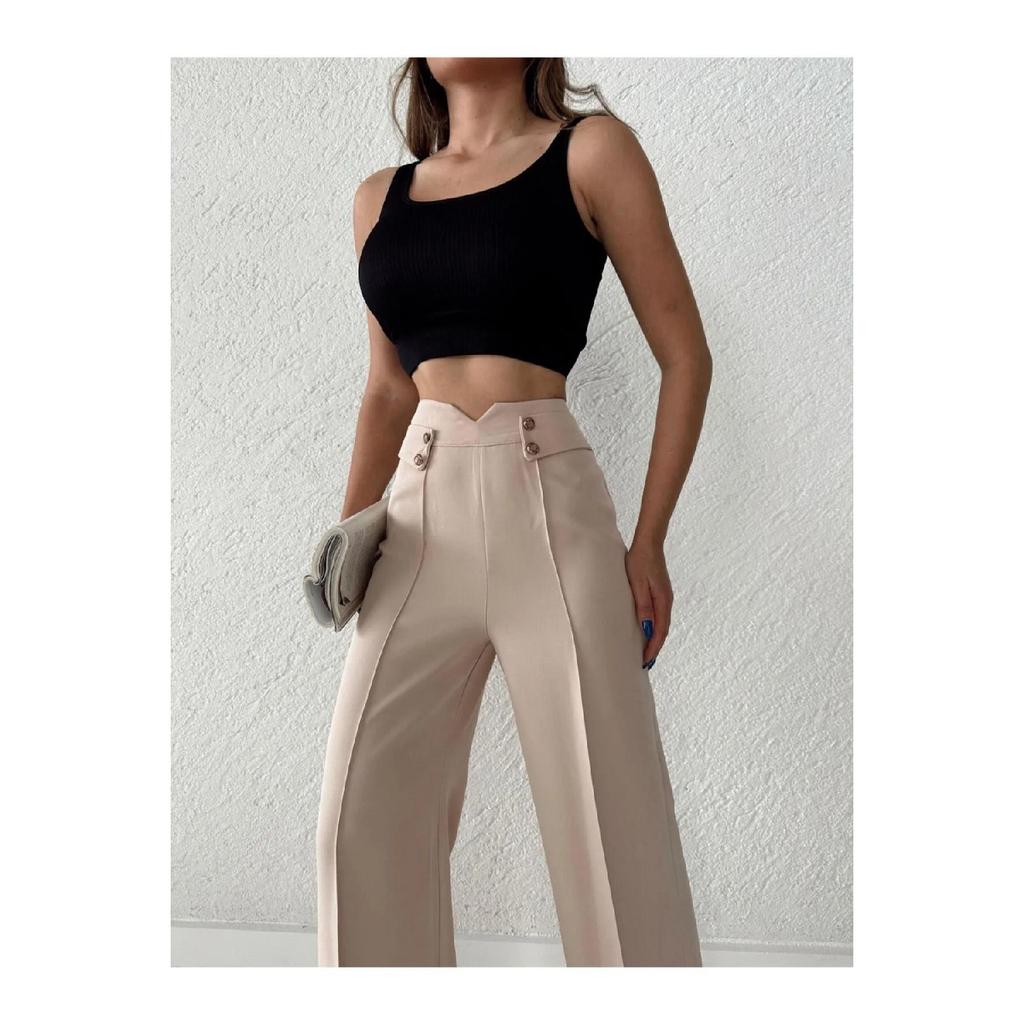 Women's High Waist Palazzo Buttoned Detail Slim Fit Pants