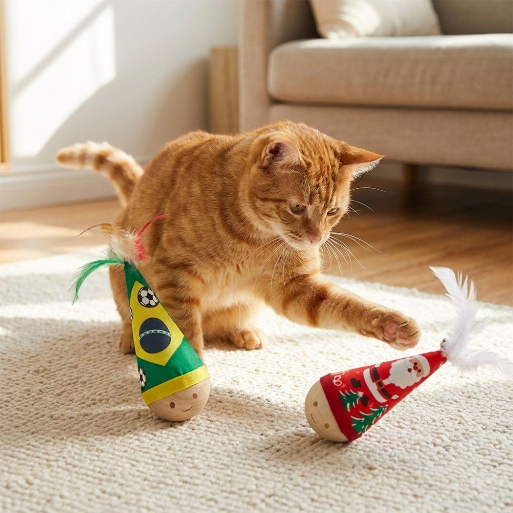 Colorful Feather Cat Tumbler Toy Wooden Base Dynamic Shaking Self Play Cat Entertainment Toy Cartoon Pattern Bite Resistant