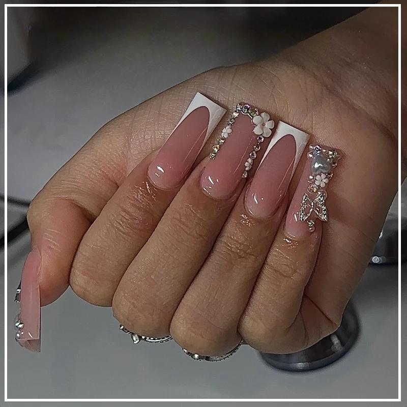 24 шт. Длинные накладные ногти Press on Nails Полное покрытие Бабочка Французский Гроб Блестки Мелкие Алмазы Носимые Маникюрные Tips Art