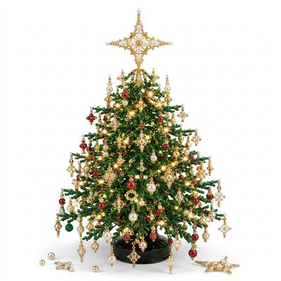 1Set DIY Beaded Christmas Tree Kit with Colorful Pearl Ornaments, 3D Sparkling Holiday Handmade Craft Set for Adults Beginners, Family Festive Decora