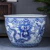 Large Blue and White Porcelain Water Tank with Carved Lotus and Tree Design for Garden Fish and Turtle Use