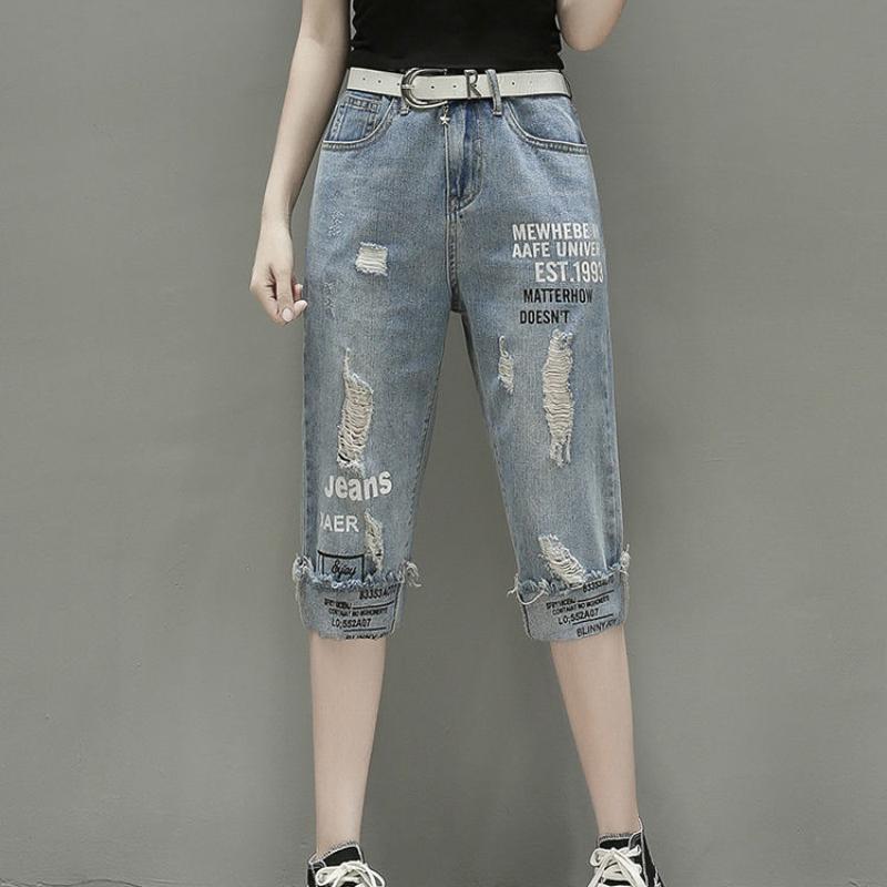 Летние свободные и рваные укороченные брюки больших размеров с принтом, женские модные узкие прямые джинсы