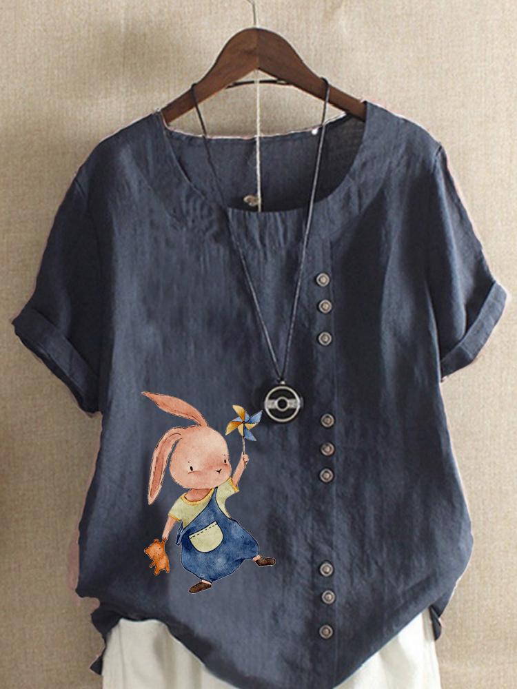 Women's Fashion Fashionable Rabbit Print Shot Sleeve T-shirt Loose Cotton Shirt Casual Loose Summer Blouse Tops Plus Size