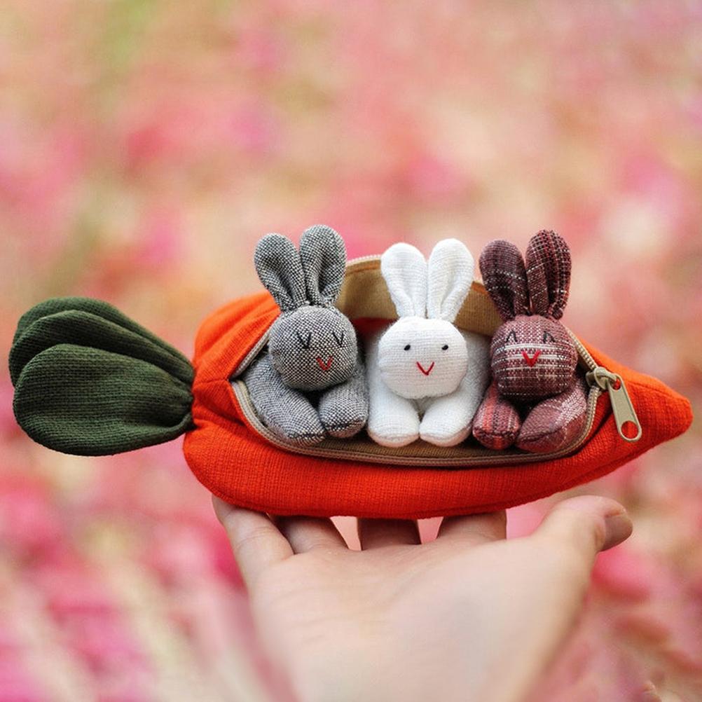 3 Bunnies In Carrot Purse Easter Cute 3D Carrot Coin Purse with Zipper Doll Toy Decoration Wallet