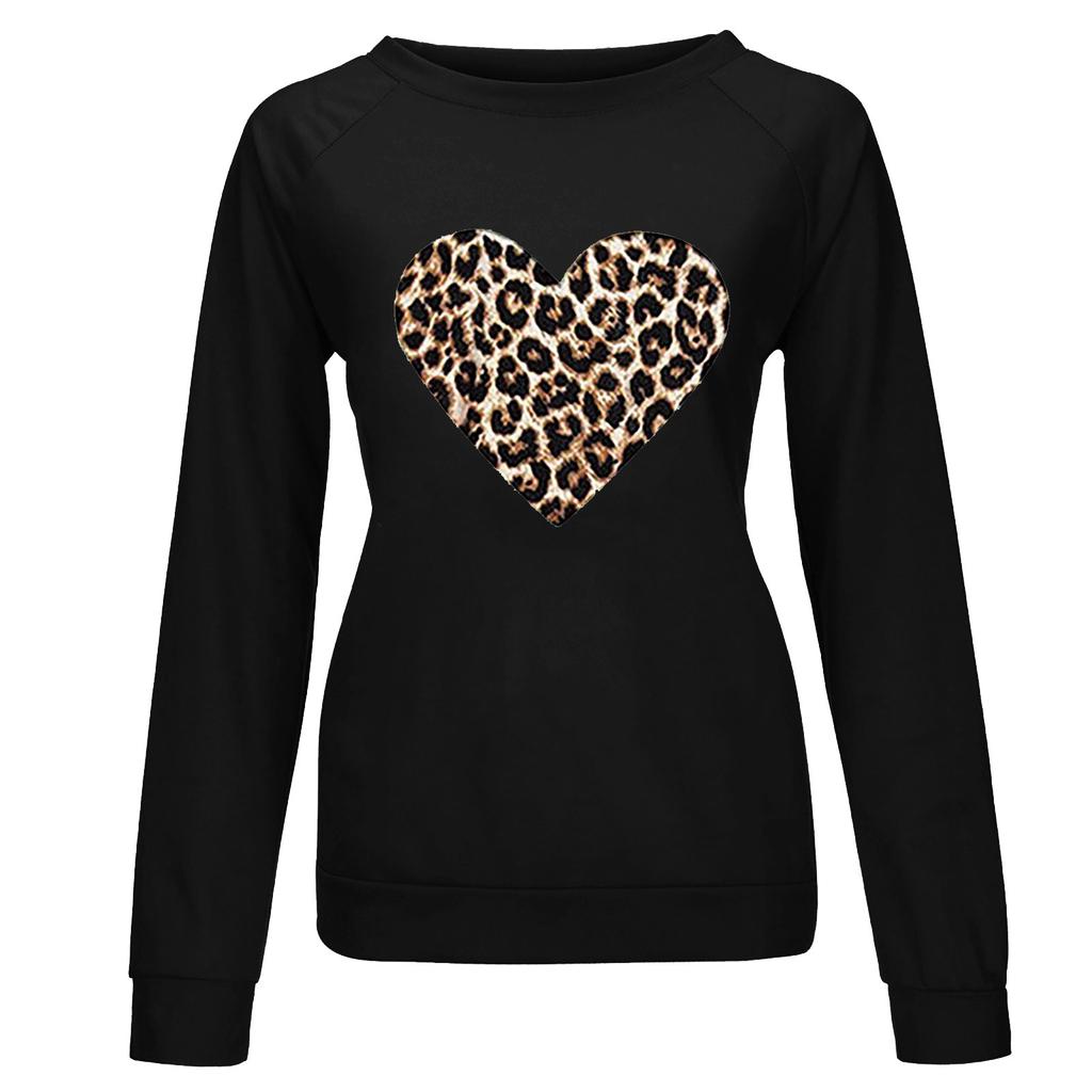 Women Casual Fashion Leopard Print Love Hoodless Plus Fleece Long-sleeved Sweater Top