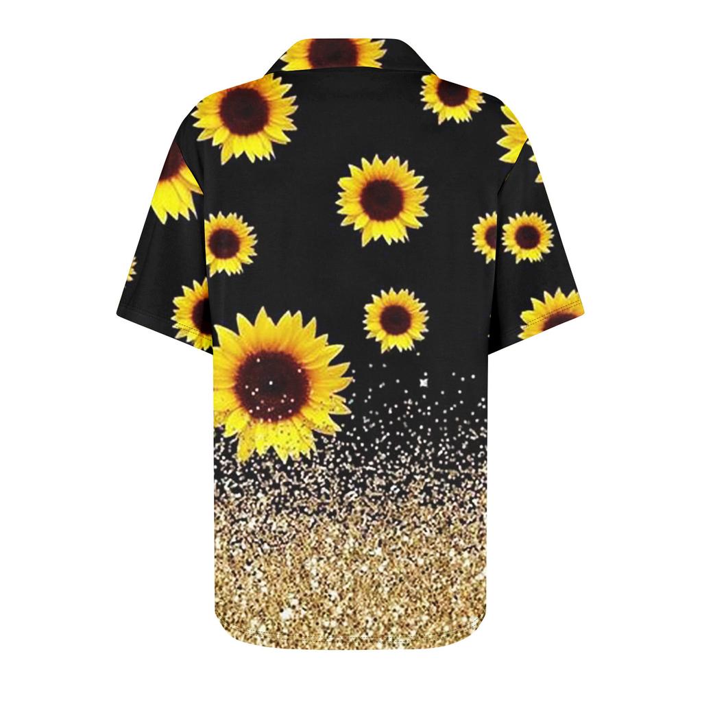 Women's Pleated V-neck Short Sleeved Sunflower Print T-shirt Business Casual Shirt