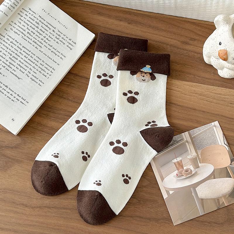 Мультяшные носки, Женские осенне-зимние носки до середины икры с фестончатым краем, Милые носки с таксой Дуи, Коричневые длинные носки